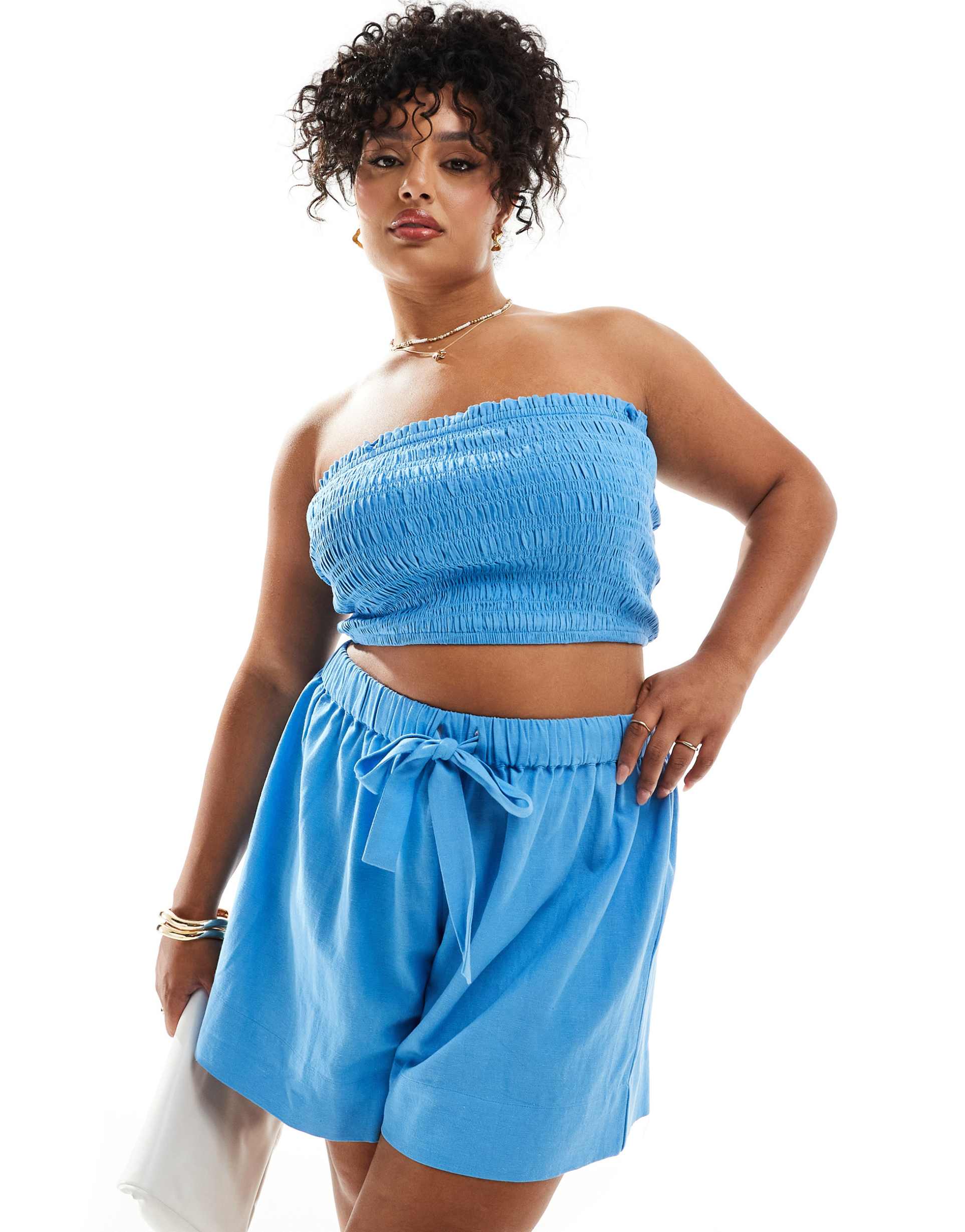 asos design curve isabel mix & match linen mix shirred bandeau beach top in blue