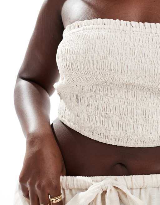 ASOS DESIGN Curve Isabel mix & match linen mix shirred bandeau beach top in neutral, 3 of 4