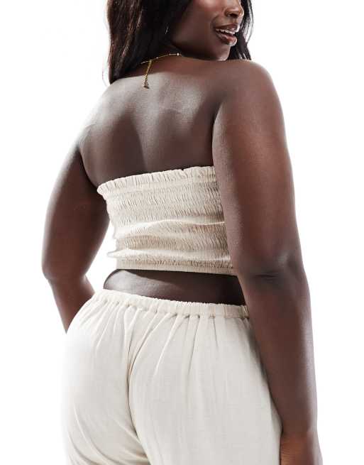 ASOS DESIGN Curve Isabel mix & match linen mix shirred bandeau beach top in neutral, 4 of 4