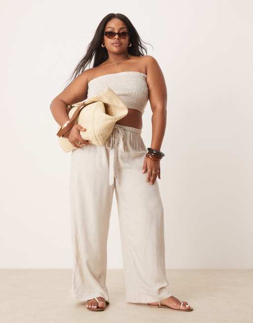 ASOS DESIGN Curve - Isabel Mix & Match - Pantaloni da mare allacciati in vita in misto lino colore naturale