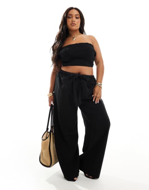 ASOS DESIGN Curve - Isabel - Mix og match - Sort strandsæt i hørlook - view 1