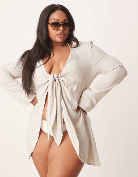 ASOS DESIGN Curve - Isabel - Neutral coverup-strandkjole med bindebånd foran i hørblanding - view 1