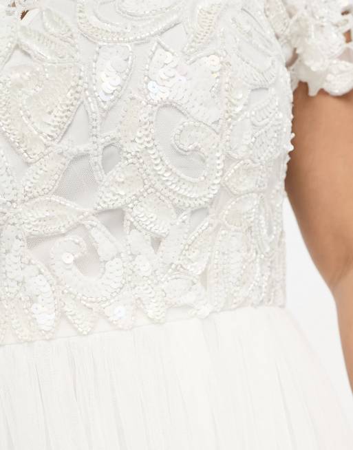 ASOS DESIGN Curve Isabelle sequin cutwork bodice maxi wedding dress with cap sleeve in, 3 of 4