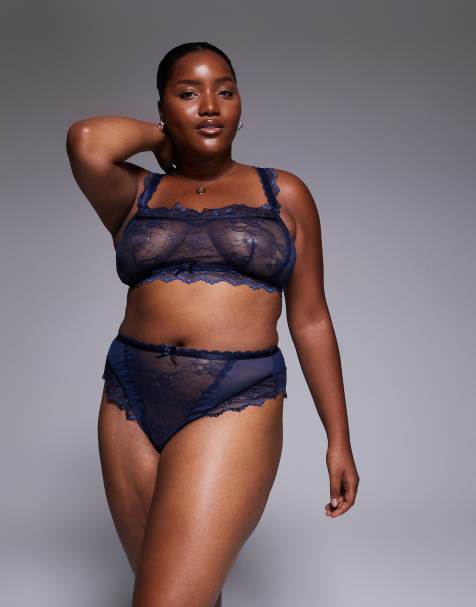 ASOS DESIGN Curve Ivy all over lace lingerie set in navy - view 1