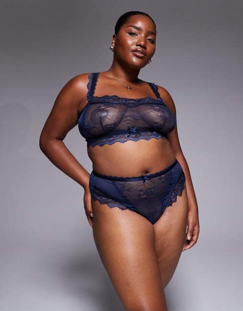 ASOS DESIGN Curve - Ivy - Marineblå blondetrusser med høj benskæring og høj talje - view 1