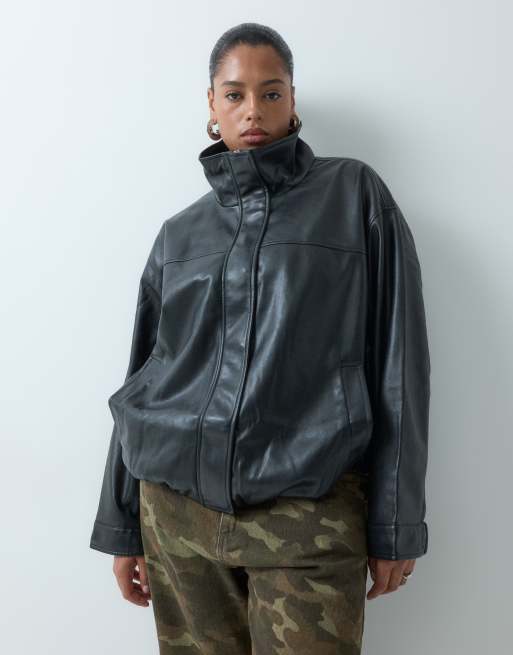 ASOS DESIGN Curve jack van imitatieleer met opstaande kraag in zwart, 3 van 5