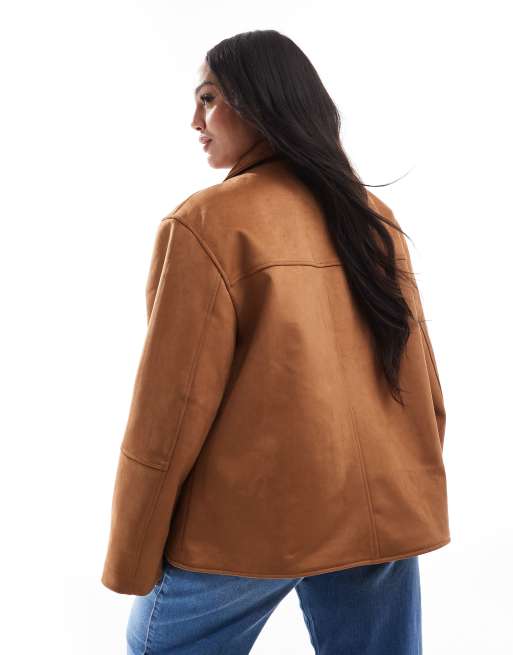 ASOS DESIGN Curve - Jack van imitatiesuède met knoopsluiting aan de voorkant in lichtbruin, 2 van 4