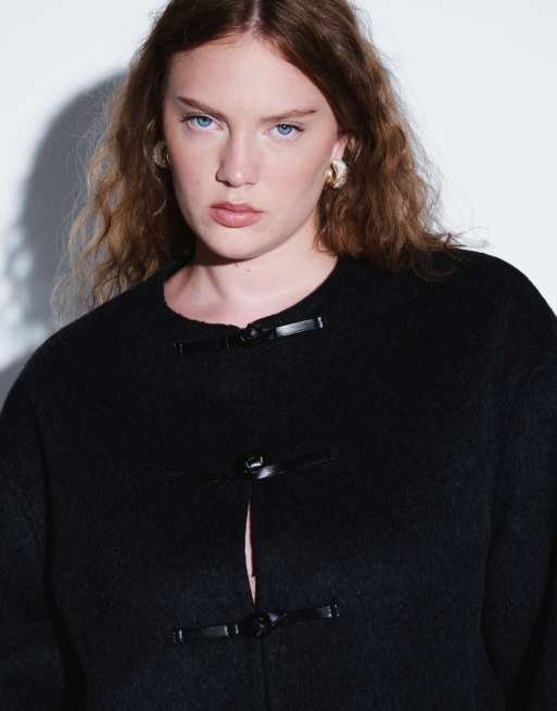 ASOS DESIGN Curve jack van wolmix zonder kraag met frogsluiting in antracietgrijs, 3 van 4