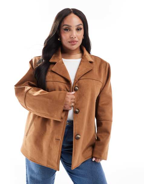 ASOS DESIGN Curve – Jacke aus hellbraunem Wildlederimitat mit Knopfleiste - view 1