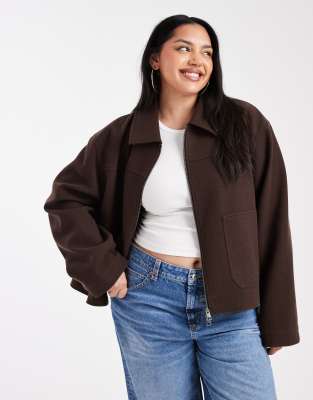 ASOS DESIGN Curve - Jacke in Schokobraun mit breitem Kragen und Reißverschluss-Brown