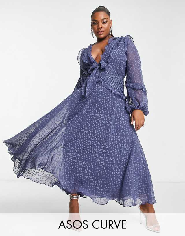 ASOS DESIGN Curve jacquard dot ruffle midi dress with tie front detail in cobalt blue