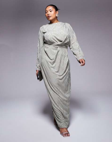 ASOS DESIGN Curve jacquard long sleeve maxi dress in khaki green - view 1
