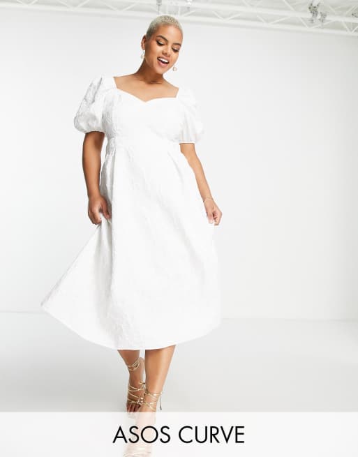 ASOS DESIGN Curve - Jacquard midi-jurk met cups in wit