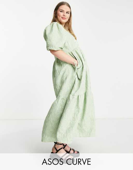 ASOS DESIGN Curve - Jacquard midi-jurk met stroken en balgzakken in saliegroen 