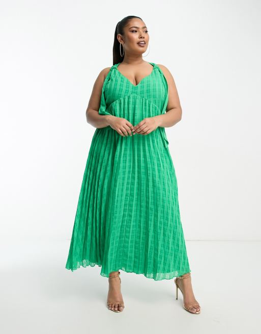 ASOS DESIGN Curve jacquard plaid plunge neck pleat midi dress with tie  straps in emerald green | ASOS
