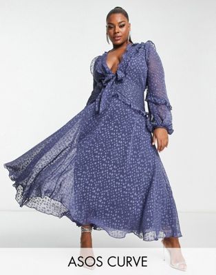 ASOS DESIGN Curve jacquard spot frill midi dress with tie front detail in cobalt blue