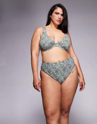ASOS DESIGN Curve - Jacqueline Azores - Jacquard Bikinihose mit hohem Beinausschnitt und hoher Taille in kontrastierende...