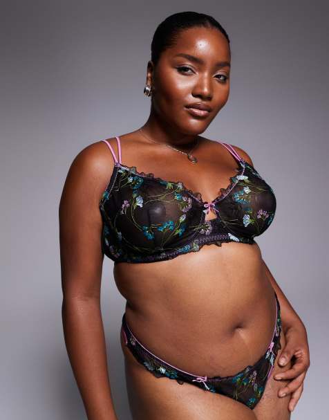 ASOS DESIGN Curve Jamie floral embroidered underwire bra with satin binding in black & pink - view 1