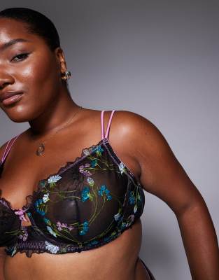 Asos Curve Asos Design Curve Jamie Floral Embroidered Underwire Bra With Satin Binding In Black