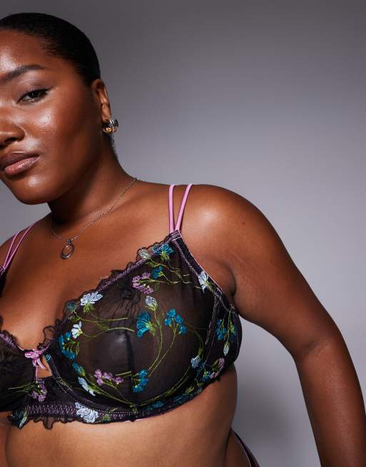 ASOS DESIGN Curve Jamie floral embroidered underwire bra with satin binding in black & pink, 2 of 4
