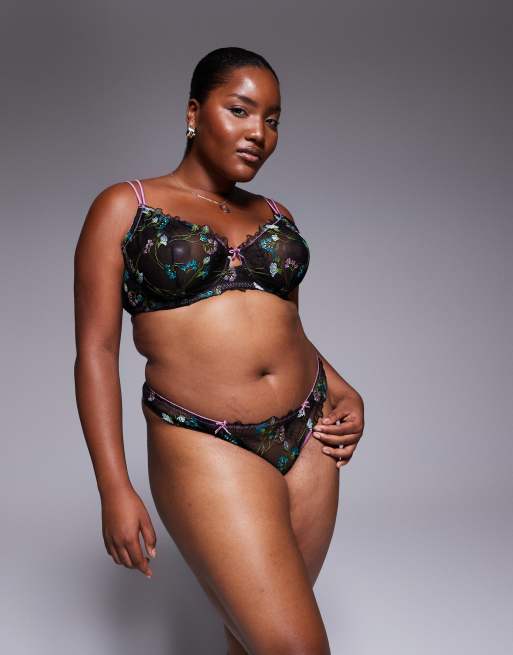 ASOS DESIGN Curve Jamie floral embroidered underwire bra with satin binding in black & pink, 3 of 4