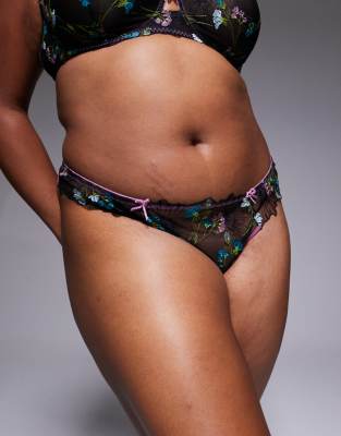Asos Curve Asos Design Curve Jamie Flower Floral Embroidered Thong With Satin Binding In Black