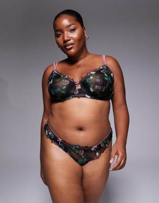 Asos Curve Asos Design Curve Jamie Flower Floral Embroidered Thong With Satin Binding In Black
