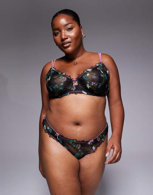 ASOS DESIGN Curve Jamie flower floral embroidered thong with satin binding in black & pink, 2 of 4