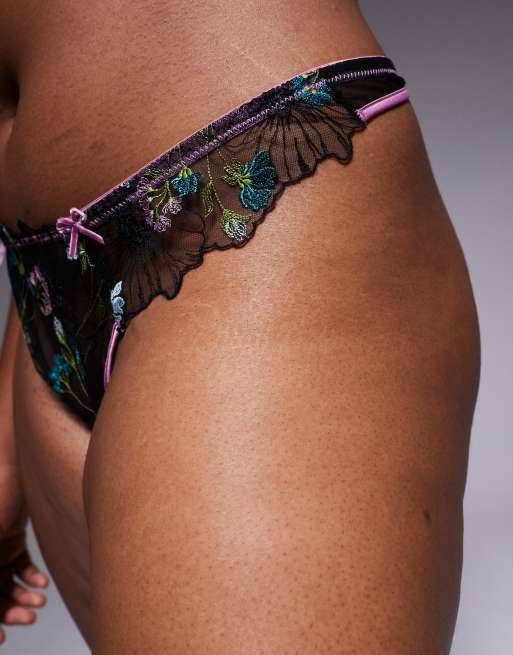 ASOS DESIGN Curve Jamie flower floral embroidered thong with satin binding in black & pink, 3 of 4
