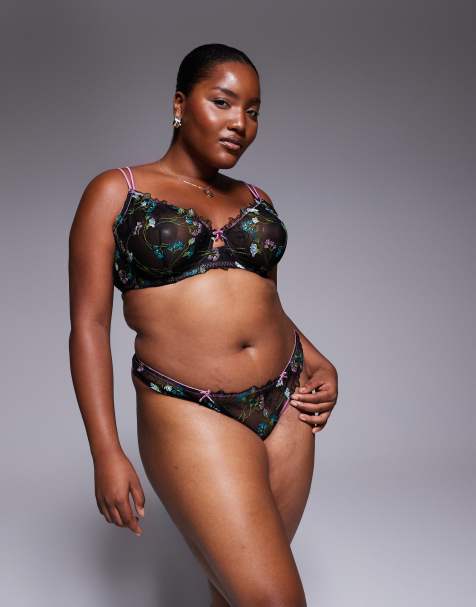 ASOS DESIGN Curve - Jamie - Sort/pink lingeri med blomsterbroderi og satinkanter - view 1