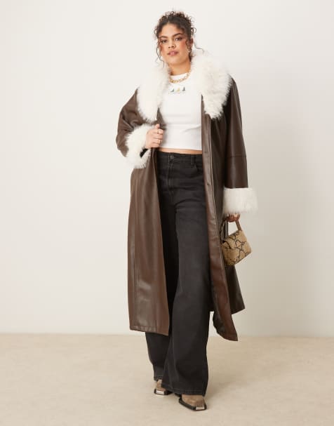 ASOS DESIGN Curve - Jas met kraag en manchetten van imitatiebont, lange pasvorm en leerlook in chocoladebruin - view 1