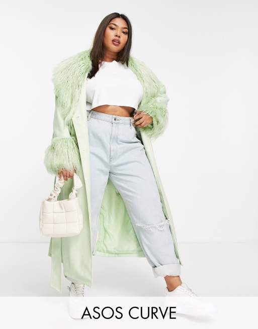 ASOS DESIGN Curve - Jas van imitatieleer met riem en afwerking van borg in pistachegroen
