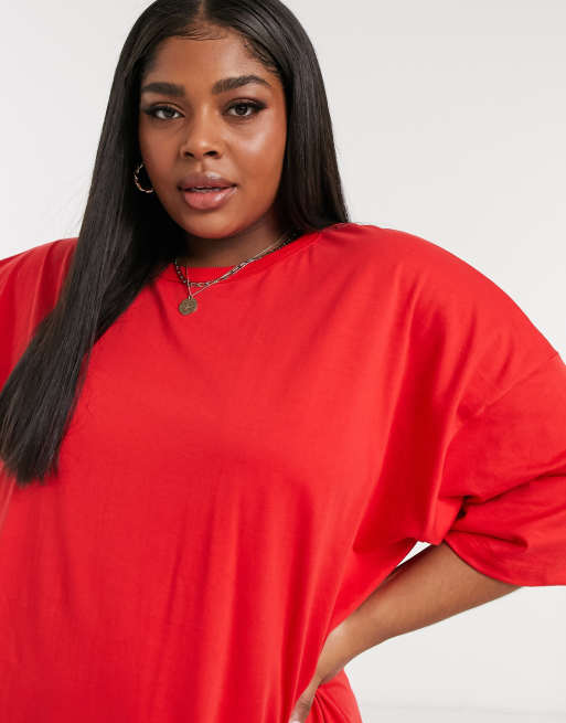ASOS DESIGN Curve – Jaskrawoczerwona sukienka t-shirtowa oversize, 3 z 4