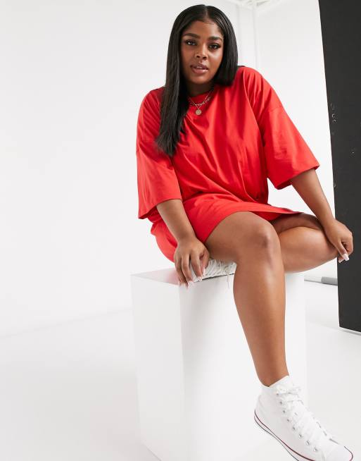 ASOS DESIGN Curve – Jaskrawoczerwona sukienka t-shirtowa oversize, 4 z 4
