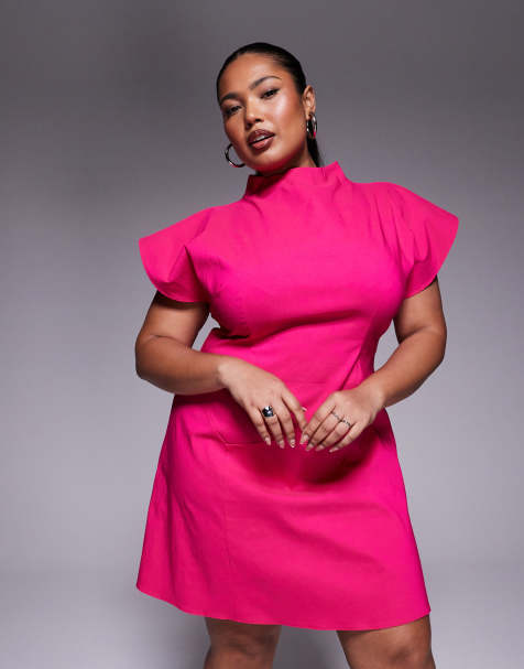 ASOS DESIGN Curve bengaline mini dress with split in hot pink