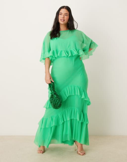 ASOS DESIGN Curve – Jaskrawozielona sukienka maxi ze skosu z falbankami i pelerynką