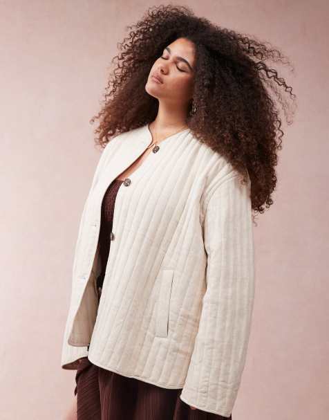 ASOS DESIGN Curve linen dolphin hem collarless quilted jacket in oatmeal