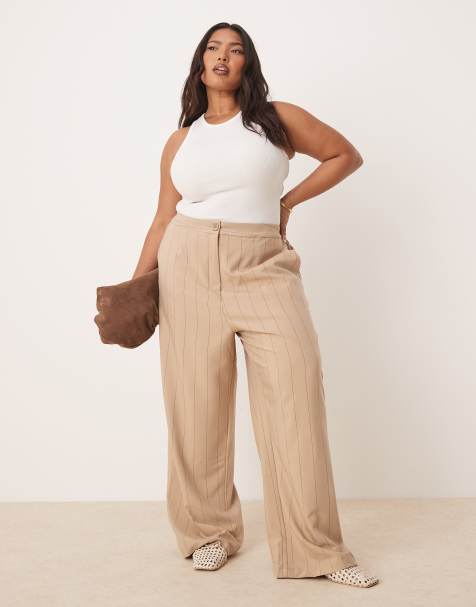 ASOS DESIGN Curve – Jasnobeżowe eleganckie spodnie z prostymi luźnymi nogawkami w paski - view 1