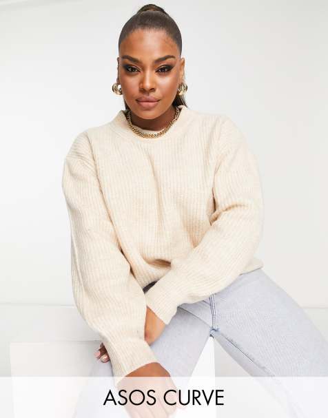 ASOS DESIGN Curve – Jasnobeżowy prążkowany sweter z okrągłym dekoltem z puszystej dzianiny - view 1