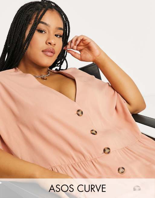 ASOS DESIGN Curve – Jasnobeżowy top z baskinką i kontrastowymi guzikami