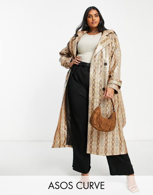 ASOS DESIGN Curve – Jasnobrązowy prochowiec we wzór skóry węża 
