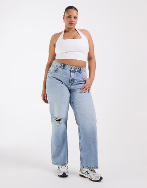 ASOS DESIGN Curve – Jasnoniebieskie jeansy dad fit z szerokimi nogawkami i rozdarciami na kolanach - view 1