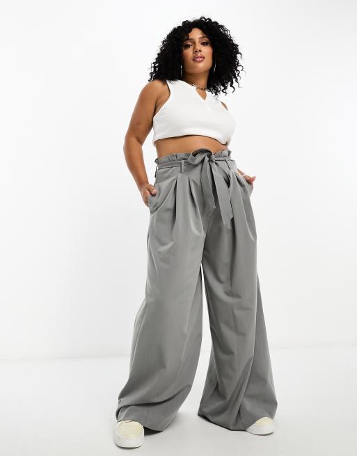 ASOS DESIGN Curve – Jasnoszare spodnie z talią paperbag i paskiem, część zestawu