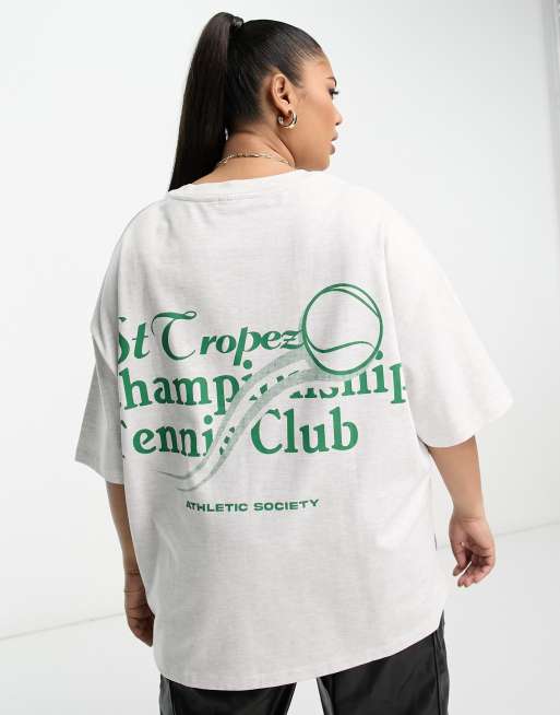 ASOS DESIGN Curve – Jasnoszary melanżowy T-shirt oversize z grubego materiału z napisem „St. Tropez Tennis Club“