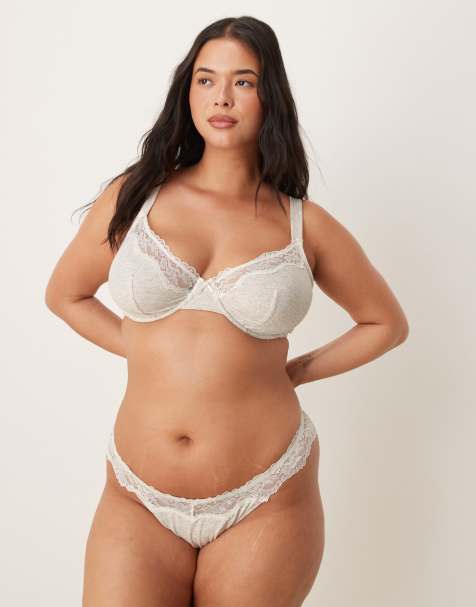 ASOS DESIGN Curve Jaye thong in grey marl with cream lace trim