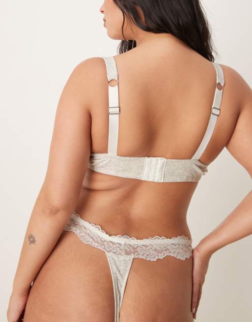 ASOS DESIGN Curve Jaye thong in heather gray with cream lace trim, 2 of 4