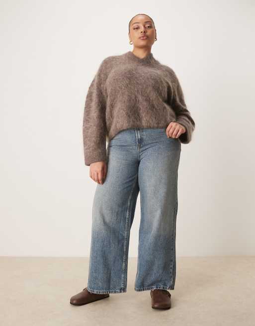 ASOS DESIGN Curve - Jean large à taille haute cintrée - Bleu vintage délavé