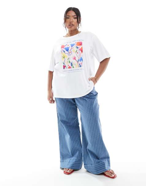ASOS DESIGN Curve - Jeans a fondo ampio allacciati sul davanti blu con righe ricamate - view 1