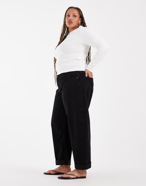 ASOS DESIGN Curve - Jeans a vita alta neri vestibilità comoda con risvolto, 2 di 5