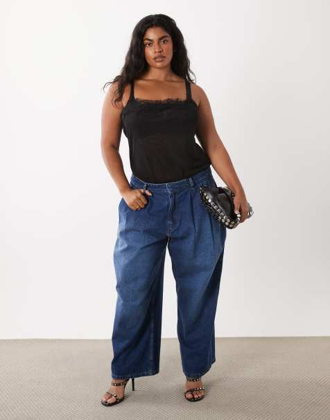 ASOS DESIGN Curve jeans met plooien aan de voorkant en hoefijzervorm in middenblauw - view 1